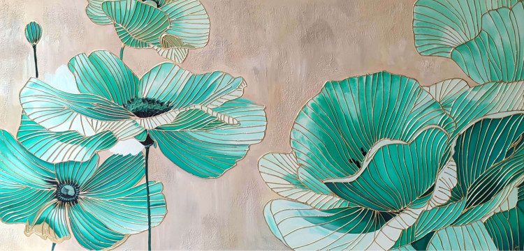 تابلوی دکوراتیو گل سبز با زمینه کرم به صورت برجسته از نمای روبرو