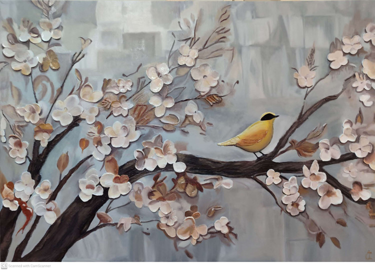 تصویر تابلو دکوراتیو درخت و پرنده به صورت برجسته اجرا شده پرنده به رنگ زرد شده آن از نمای روبرو