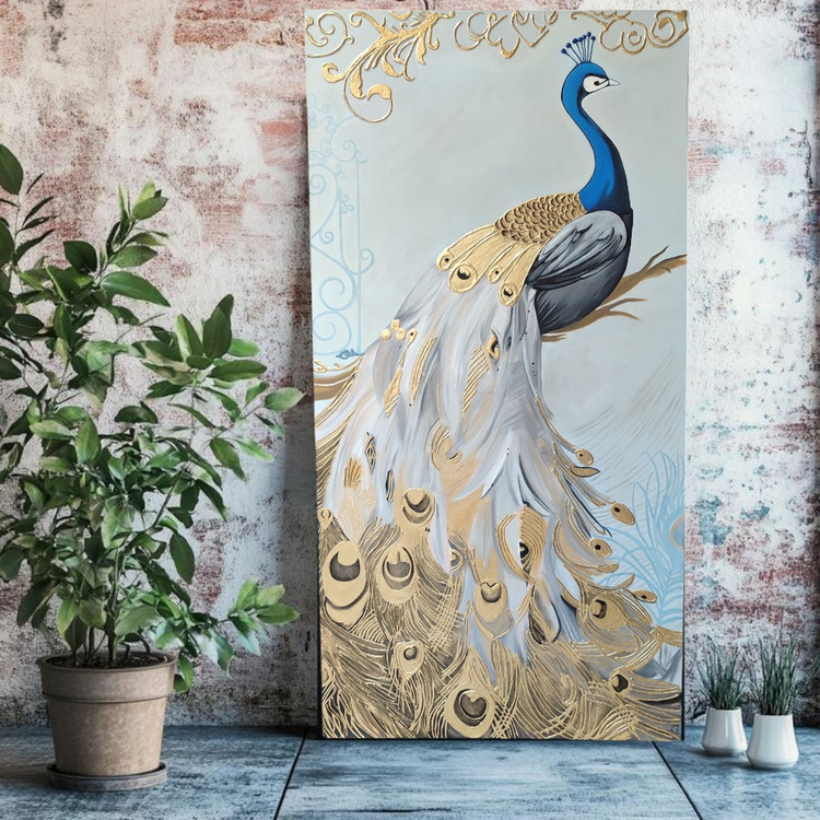 تصویر تابلو طاووس به رنگ ابی طلایی برجسته اجرا شده جلوی دیوار
