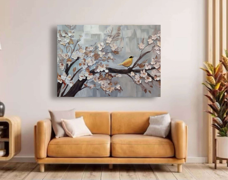 تصویر تابلو دکوراتیو درخت و پرنده روی دیوار بالای مبلمان نشیمن