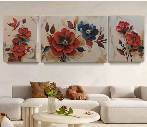 تابلو سه تکه گل قرمز مدل برجسته در دکوراسیون منزل